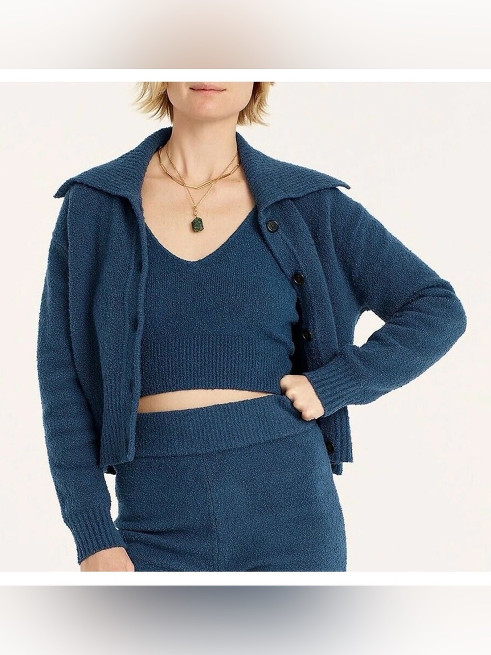 J. Crew Collared Cotton Boucle in Deep Midnight Cardigan Sweater Size XS